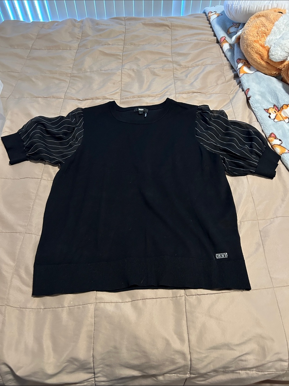 DKNY Black Knit Top with Sheer Striped Puff Sleeves